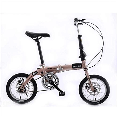 Folding Bike : HCMNME Mountain Bikes, 14 inch lightweight folding bicycle single speed disc brake bicycle champagne gold Alloy frame with Disc Brakes