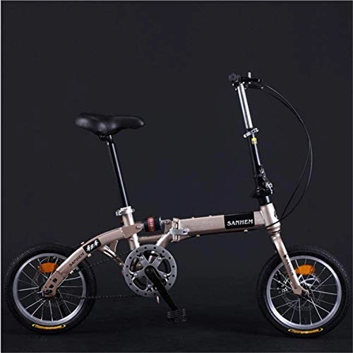 Folding Bike : HCMNME Mountain Bikes, 14 inch lightweight folding bicycle single speed disc brake shock absorption bicycle champagne gold Alloy frame with Disc Brakes