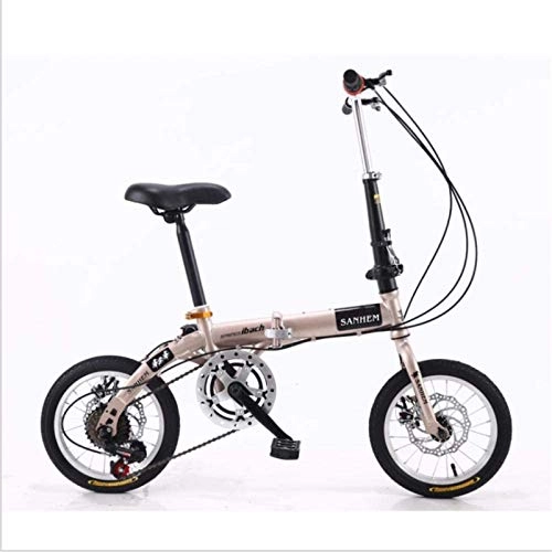 Folding Bike : HCMNME Mountain Bikes, 14 inch lightweight folding bicycle variable speed dual disc brake bicycle champagne gold Alloy frame with Disc Brakes