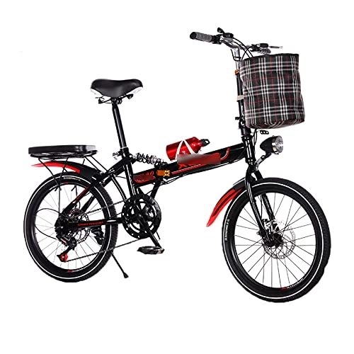 Folding Bike : HENGSEN Folding wheel in, adult teenagers for folding wheel Quick fold system 6 brakes with variable speed City wheel with taillight and auto basket, Red
