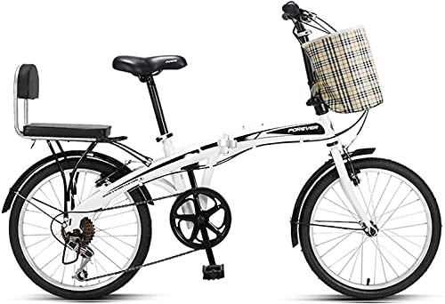 Folding Bike : HEZHANG 20-Inch Bicycle, Unisex 7-Speed Folding Commuter Bike with Basket and Back Seat, Essential for The Car Trunk, White