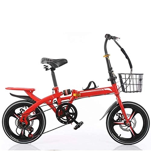 Folding Bike : HFJKD 6-Speed Folding Bike, 16 Inch Ultra-Light High Carbon Steel Frame Foldable Bicycle with Double Disc Brake for Commuter Men And Women Students, Red