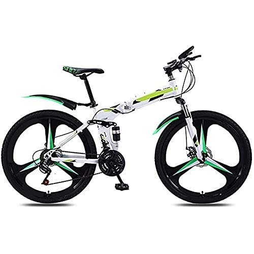 Folding Bike : HHORB Mountain Boys Bike, 24 / 26 Inch 21-Speed Full Suspension MTB Bikes, 3 Spoke Wheels Folding Mountain Bike, Carbon Steel Frame, Double Disc Brake, Bicycles Outdoor Sport, Green, 24 inch