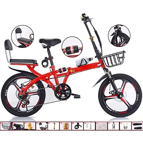 Folding Bike : High Carbon Steel Folding Bicycle, Portable Ultra-light Variable Speed Shock absorption Adult Bike, Bearing Weight 180kg(385lbs), Red, 20inch