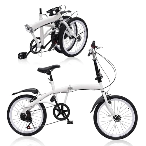 Folding Bike : HINOPY 20 Inch Folding Bike, 7 Speed Shift Folding Bicycle Bicycles Double V Brake for Men and Women Adults Folding City Bike Suitable from 135 cm - 180 cm, White
