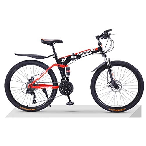 Folding Bike : hj Mountain Bike, (20 Inch, 24 Inch, 26 Inch) Carbon Steel Bike, Double Shock-Absorbing Off-Road Bike, 24 Speed Double Disc Brake, Male And Female Students, Adult Folding Bicycle, Red, 24inches