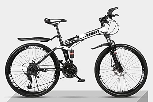 Folding Bike : HJRBM Folding Mountain Bike Bicycle 26 inch Double Shock-Absorbing Cross-Country Speed Racing Male and Female Students Bicycle 6-6，Topblackandwhite，21 fengong (Color : Topblackandwhite)