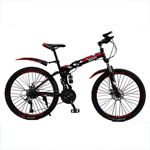 Folding Bike : HLMIN 26-Inch Foding Bicycle Variable Speed 21 24 27 30 Speed Double Suspension Aluminum Frame Adult Mountain Bike MTB (Color : Red, Size : 21speed)