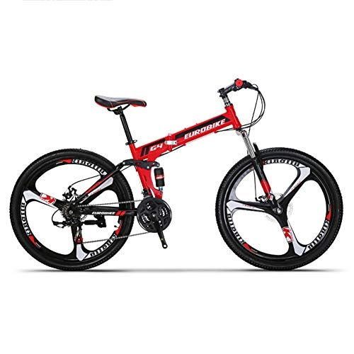 Folding Bike : HLMIN Folding Mountain Bike 21 Speed Bicycle Full Suspension MTB Foldable Frame 26" 3 Spoke Wheels (Color : Red, Size : 21Speed)