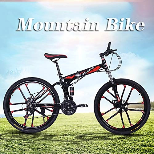 Folding Bike : Hmcozy 26" Mountain Bike, Dual Disc Brake and Front Suspension Fork, Folding Mens Mountain Bike Cycle - 24 Gears Speed, Red