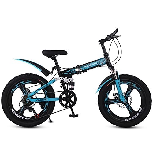 Folding Bike : Hmvlw foldable bicycle 20 inch variable speed folding mountain bike, one-wheel foldable disc brake, shock-absorbing folding bike, male and female student bike (Color : Blue)