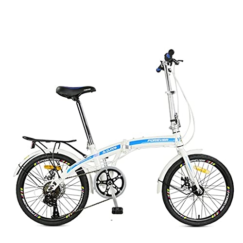 Folding Bike : Hmvlw foldable bicycle 7-speed double disc brake folding bicycle 20-inch high-carbon steel male and female adult students and children general bicycle urban commuter bike (Color : Blue)