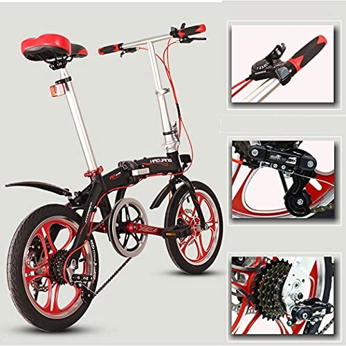 Folding Bike : Hmvlw foldable bicycle Aluminum alloy folding bicycle 16-inch 6-speed student men's and women's style with racks can carry people Front and rear mechanical disc brakes (Color : Black)