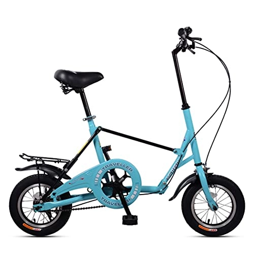 Folding Bike : Hmvlw foldable bicycle Folding bicycle with shelf 12 inch high carbon thick steel frame Small folding bicycle can be put in the trunk (Color : Blue)
