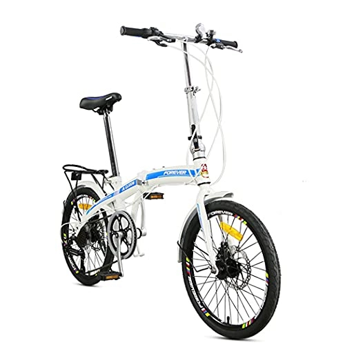 Folding Bike : Hmvlw foldable bicycle High-carbon steel folding bicycle 20-inch 7-speed dual disc brakes male and female adult general bicycle urban commuter bike (Color : Blue)