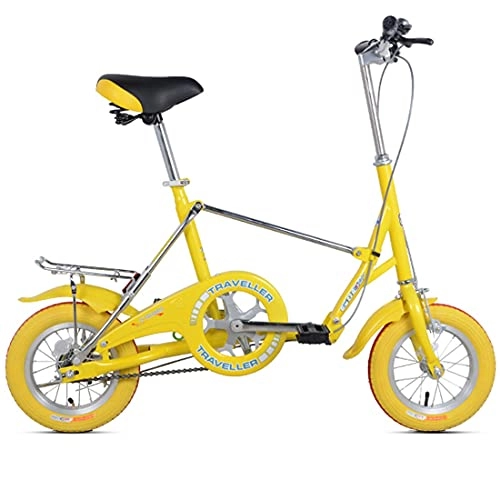 Folding Bike : Hmvlw foldable bicycle High carbon thick steel frame folding bicycle 12 inches unisex, load 90kg with shelf, suitable for work, school and play (Color : Yellow)