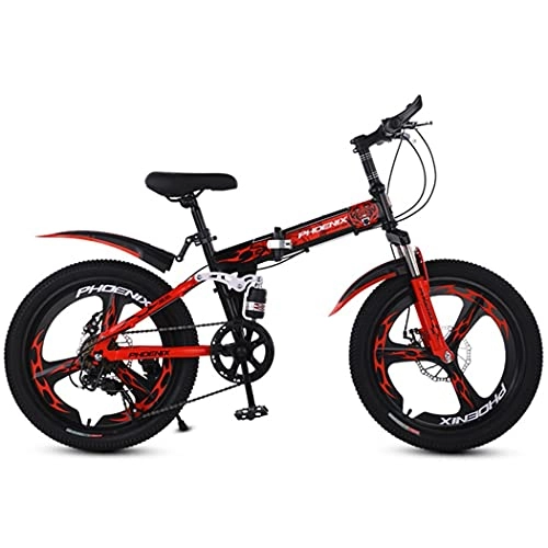 Folding Bike : Hmvlw foldable bicycle Shock-absorbing folding bicycle One-wheel variable speed mountain bike 20-inch disc brake Folding bicycle for boys and girls (Color : Red)
