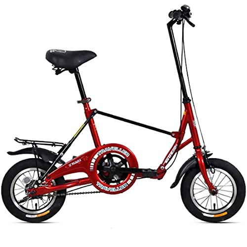 Folding Bike : Hmvlw foldable bicycle Single-speed folding bike Mini 12-inch high-carbon thick steel frame Rear brake, height 135-170 can ride (Color : Red)