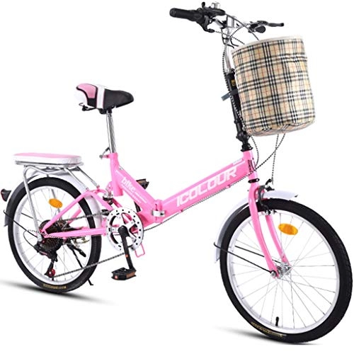 Folding Bike : Hmvlw foldable bicycle Sports Bike Urban Commuter Outdoor Folding Bike Variable Speed ​​Male And Female Adult Students With Basket (Color : Pink)