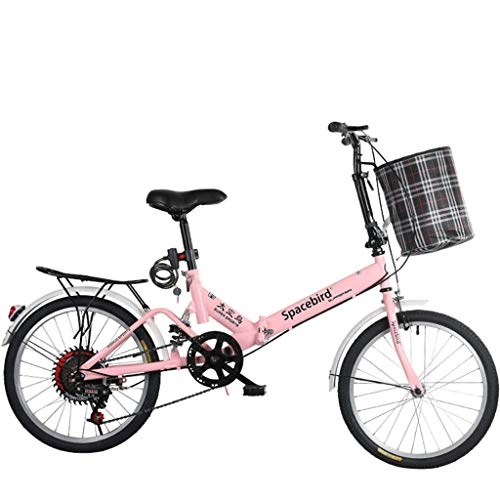 Folding Bike : Hmvlw mountain bikes 20-inch Carbon Steel Bicycles, Folding Bike Variable Speed Male Female Adult Lady City Commuter Outdoor Sport Bike with BasketMultiple Variable Speed (Color : Pink)