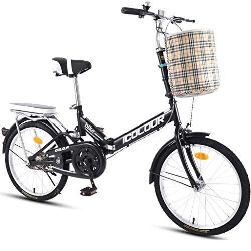 Folding Bike : Hmvlw mountain bikes 20-inch Folding Bicycle Single Speed Male Female Adult Student City Commuter Outdoor Sport Bike with Basket (Color : Black)