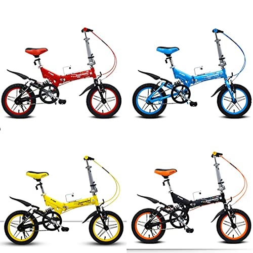 Folding Bike : Hmvlw Shock absorption folding bicycle 4 colors optional folding mountain bike 14 inches, shock absorption, single speed, high carbon steel, unisex, suitable for work, school, excursions and play