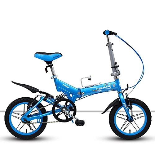 Folding Bike : Hmvlw Shock absorption folding bicycle Adult mountain folding bike shock absorption single speed 14 inches suitable for adult men and women to work, school, excursions and play (Color : Blue)