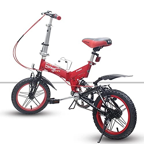 Folding Bike : Hmvlw Shock absorption folding bicycle Shock Absorbing Mountain Folding Bike 14-inch Single Speed ​​Help Bead Pedals Front and Rear Wheel V Brakes High Carbon Steel Unisex Folding Bike (Color : Red)