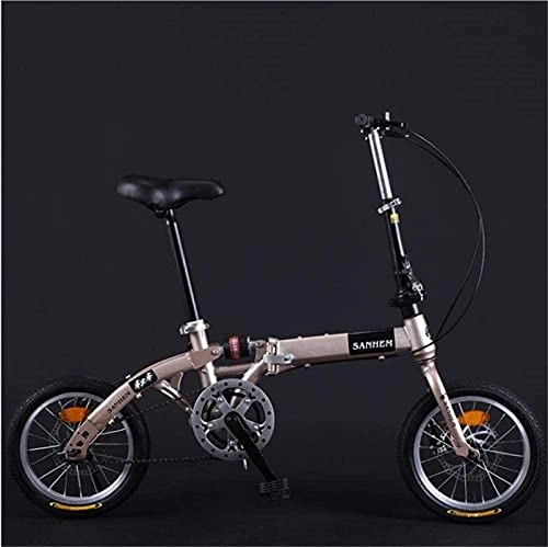Folding Bike : HUAQINEI Mountain Bikes, 14 inch lightweight folding bicycle single speed disc brake shock absorption bicycle champagne gold Alloy frame with Disc Brakes