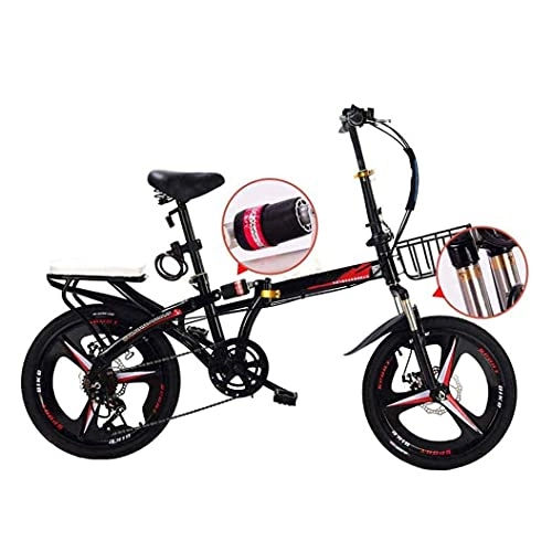 Folding Bike : HUAQINEI Travel bike, folding mountain bike, 16-inch uni alloy city bike, adjustable handle and 6-speed, disc brake, Black
