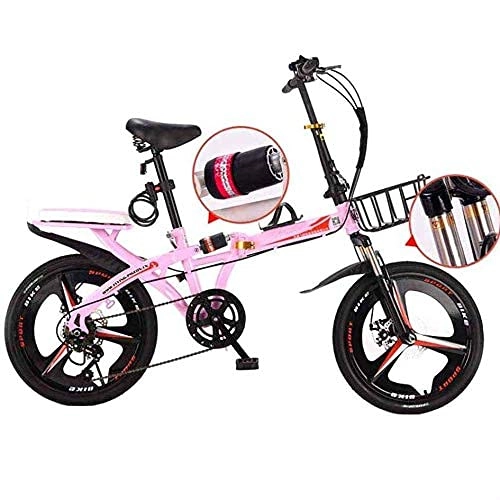 Folding Bike : HUAQINEI Travel bike, folding mountain bike, 16-inch uni alloy city bike, adjustable handle and 6-speed, disc brake, Pink