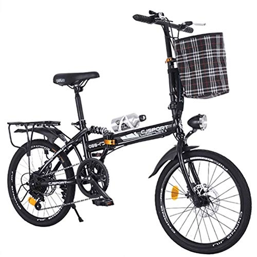 Folding Bike : HUJUNG Adult Folding Bicycle - 20 Inch Variable Speed Speed Double Disc Brake Student Portable Bicycle, Black