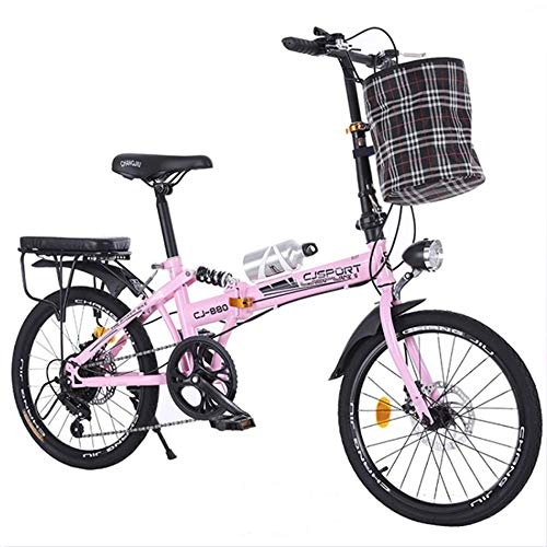 Folding Bike : HUJUNG Adult Folding Bicycle - 20 Inch Variable Speed Speed Double Disc Brake Student Portable Bicycle, Pink