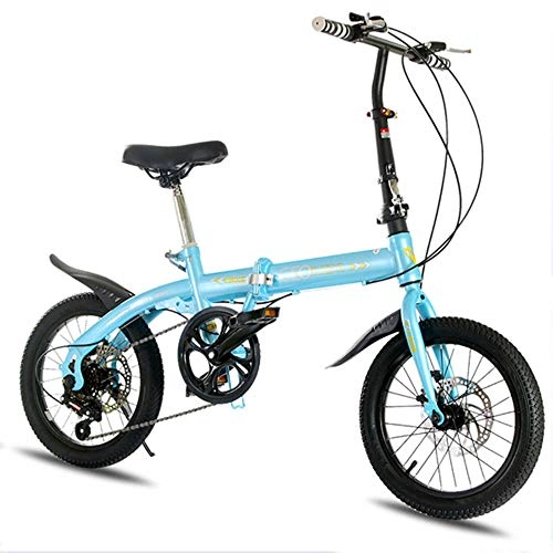 Folding Bike : HUJUNG Light Carbon Steel Folding City Bicycle - 16 inchVariable Speed Speed Double Disc Brake Damper Mini Bicycle, Blue