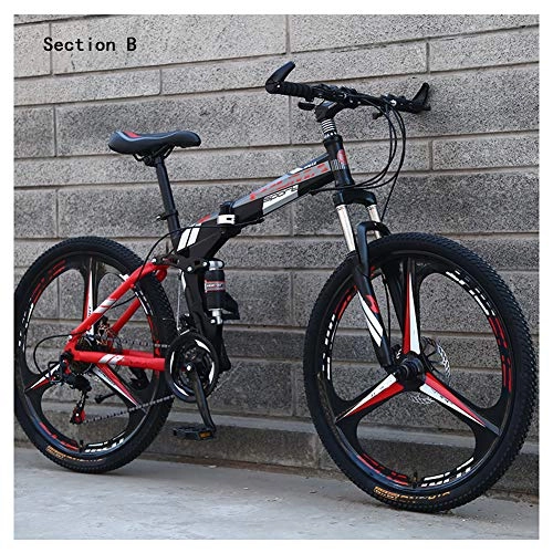 Folding Bike : HWOEK Adult Folding Bikes, Double Shock Absorption 26 Inch Mountain Off-Road Bike 24 / 27 Speed Dual Disc Brake High-Carbon Steel Frame, black red, B 24 speed