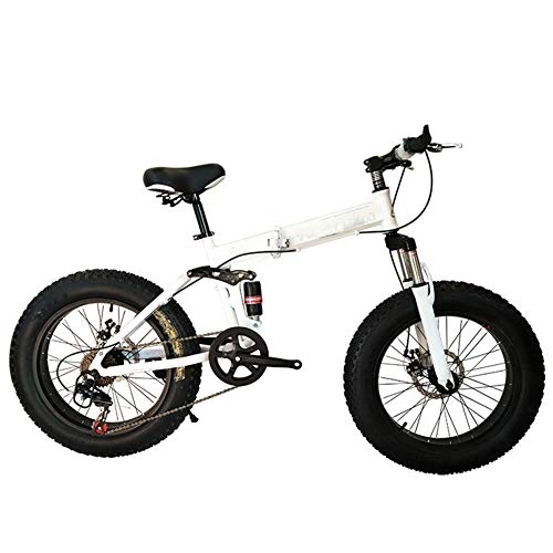 Folding Bike : HWOEK Adults Folding Mountain Bikes, Double Shock Absorption 20 / 26 Inch Beach Off-Road Bicycle Adjustable Seat 4.0 Fat Tires, White, A 21 speed