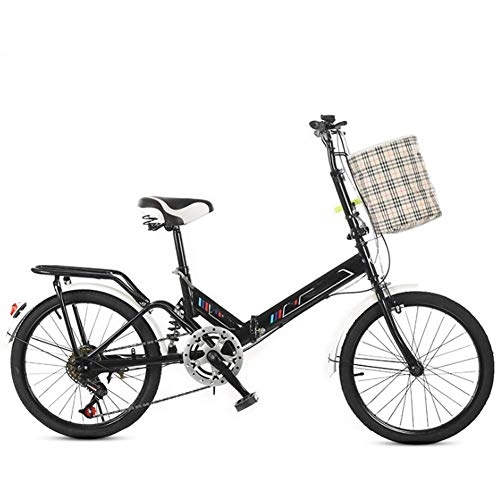 Folding Bike : HY-WWK 20 inch Adults Bikes, Foldable High Carbon Steel Frame City Bicycle 6 Speed Adjustable Seat Handlebar with Basket, Black, A, Black
