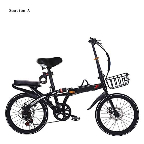 Folding Bike : HY-WWK Adult Foldable Bikes, Dual Disc Brake 20 inch Portable Student Bicycle High-Carbon Steel Frame 6 Speed Center Shock, Red, A, Black