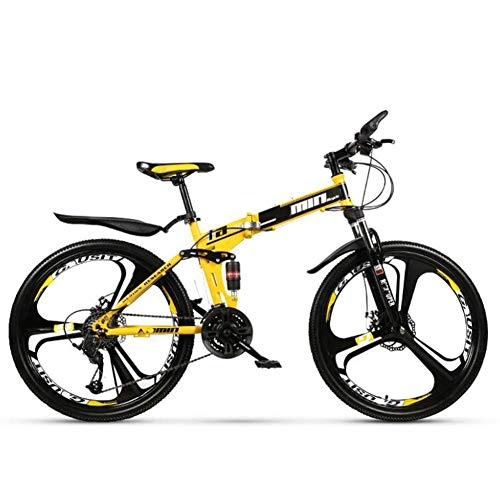 Folding Bike : HY-WWK Adult Foldable Mountain Bike, Adjustable Seat Double Suspension City Commute Bike Dual Disc Brake Unisex, Yellow, 26Inch a 21 Speed, Yellow