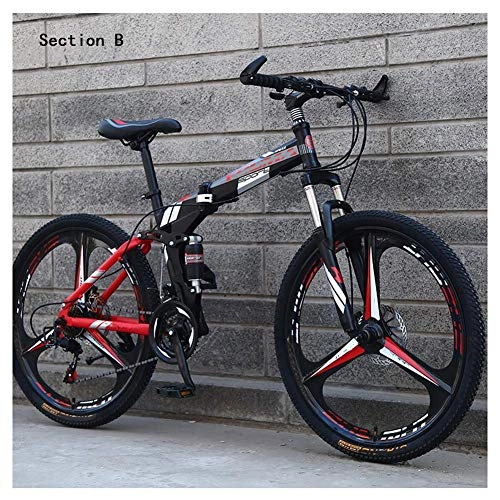 Folding Bike : HY-WWK Adult Folding Bikes, Double Shock Absorption 26 inch Mountain Off-Road Bike 24 / 27 Speed Dual Disc Brake High-Carbon Steel Frame, White Red, B 27 Speed, Black Red