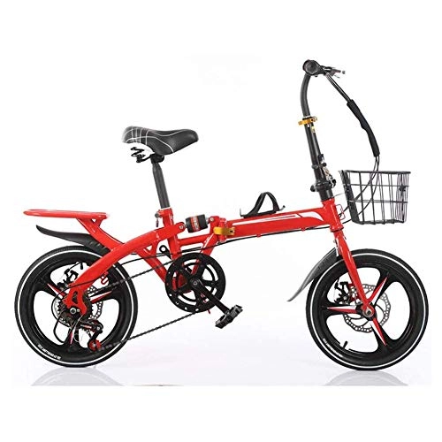 Folding Bike : HY-WWK Adults Foldable Bike, Dual Disc Brakes 16 / 20 inch Student Ultra Light Portable Bicycle Central Suspension 6 Speed with Back Seat, Red, 16 inch, Red