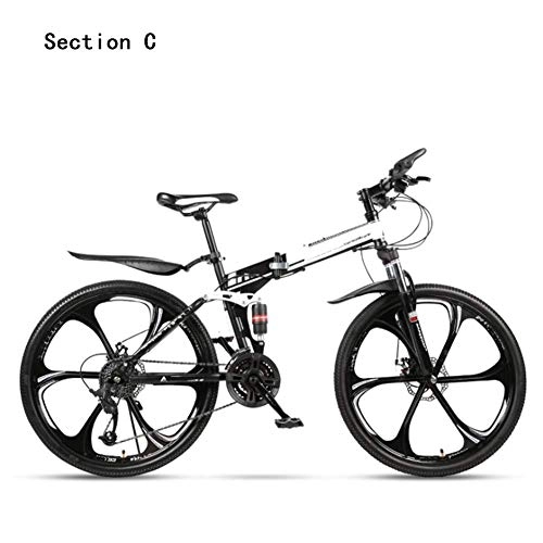 Folding Bike : HY-WWK Foldable Mountain Bike, 26 Inches Adult City Bicycle Dual-Disc Brake 21 / 24 / 27 / 30 Speed Double Shock Absorption Unisex, White Blue, E 21 Speed, Black White