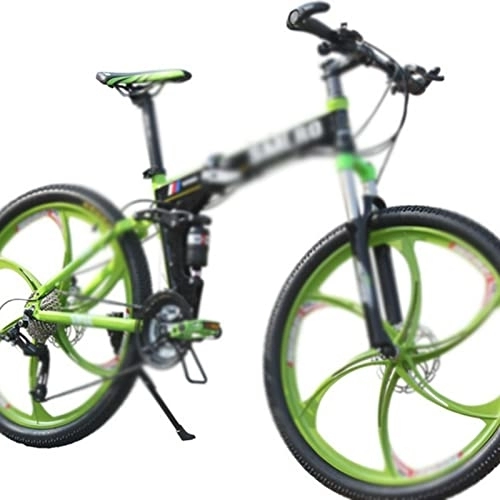 Folding Bike : IEASEzxc Bicycle 26 Inch Folding Bicycle 3x9 Speed Mountain Bike With Full Suspension (Color : Black green, Size : 27_26*17(165-175CM))