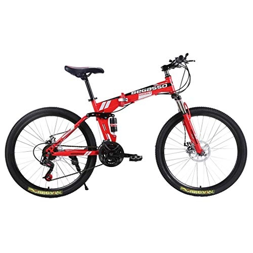 Folding Bike : Isshop 26 Inch Folding Mountain Bikes Adult Teen Trail Bike High Carbon Steel Full Suspension Frame Bicycles 21 Speed Dual Disc Brakes Bicycle (Red)