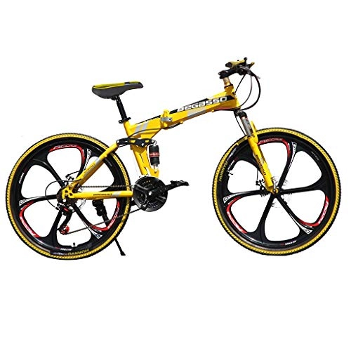Folding Bike : Isshop 26-Inch Mountain Bike With Full Suspension, 21-Speed Folding Cycling, 6 Spokes Double Disc Brake Adult Teen Bicycle (Yellow)