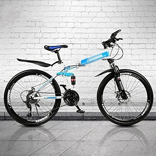 Folding Bike : JAMCHE Mountain Bike 21 / 24 / 27 Speed Steel Frame 26 Inches 3 Spoke Wheel Dual Suspension Folding Bike for Men Woman Adult and Teens / Blue / 27 Speed