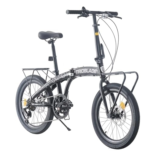 Folding Bike : Jamiah 20 Inch Folding Bike for Adult Men and Women Teens, 7 Speed Shimano Drivetrain, Handle Seat Height Adjustable, Foldable Bike with Front Rear Storage Rack Dual V Brakes (Black & Grey)