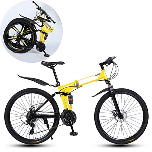 Folding Bike : JFSKD Mountain Bikes, Folding High Carbon Steel Frame 26 Inch Variable Speed Double Shock Absorption Foldable Bicycle, Suitable for People with A Height of 160-185Cm, Yellow, 21 speed