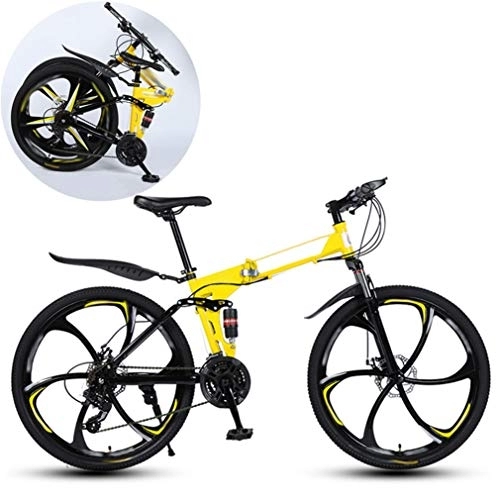 Folding Bike : JFSKD Mountain Bikes, Folding High Carbon Steel Frame 26 Inch Variable Speed Double Shock Absorption Six Cutter Wheels Foldable Bicycle, Suitable for People with A Height of 160-185Cm, Yellow, 21 speed