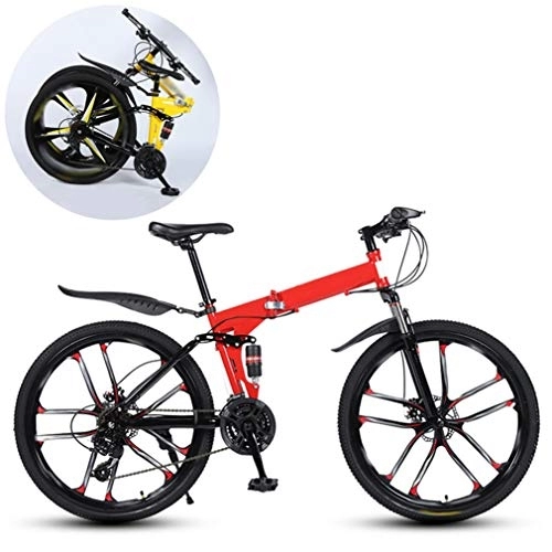 Folding Bike : JFSKD Mountain Bikes, Folding High Carbon Steel Frame 26 Inch Variable Speed Double Shock Absorption Ten Cutter Wheels Foldable Bicycle, Suitable for People with A Height of 160-185Cm, Red, 24 speed